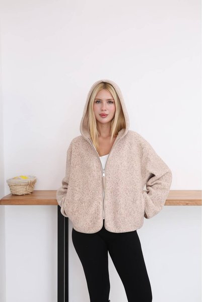 Moda Banuş Hooded Detail Printed Melange Plush Coat