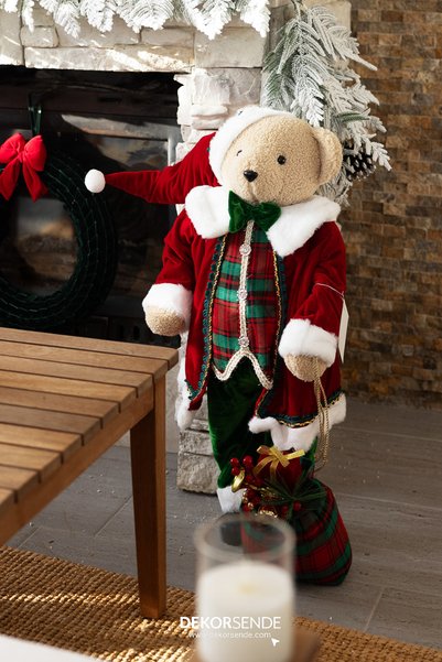 Dekorsende Christmas Red Jacketed Bear with Sack 80 cm