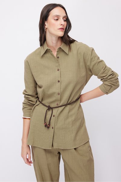 PAULMARK Women's Belted Linen Shirt
