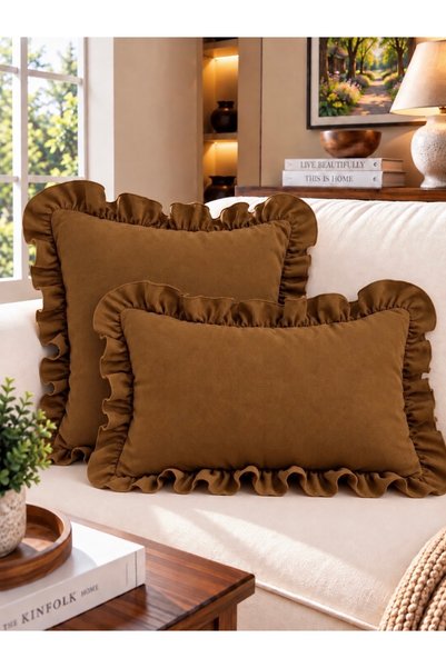 Decamor home İnci Vintage Καφέ Σοκολατί Κάλυμμα Μαξιλαριού με Βολάν 1 Τεμάχιο