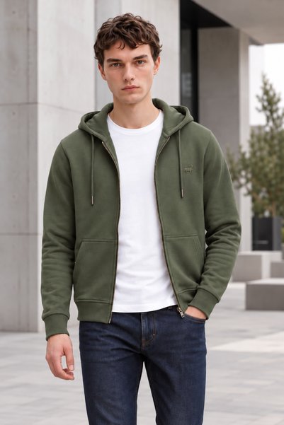 AJ X GF Men's Hooded Zipper Sweatshirt, Khaki, with Logo, Long-Sleeved, Casua...