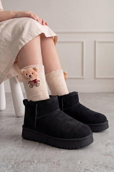 NAVİSHOES Botine scurte din piele intoarsa cu toc gros pentru copii negre UG02