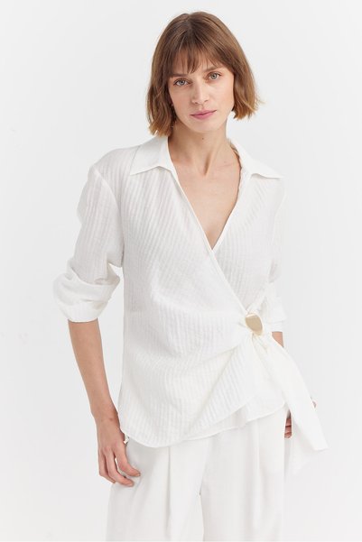 PAULMARK Women's Double-Breasted Collar Side Buckle Blouse