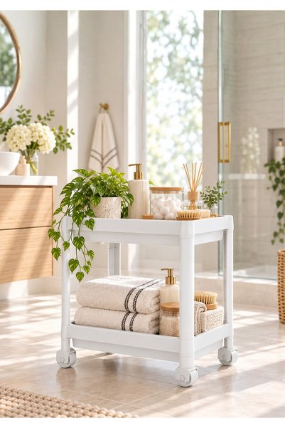 HOMİNG 2 Katlı Tekerlekli Çok Amaçlı Banyo & Mutfak Düzenleyici Raf