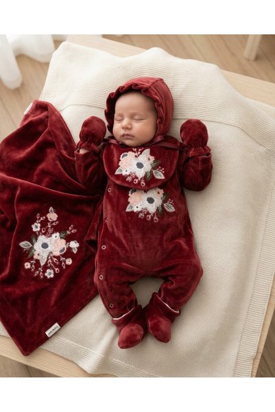 Eda Baby ÇİÇEK Kadife Yenidoğan Hastane Çıkışı Kız Bebek 5'li Takım