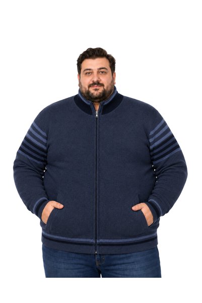 BattalModa Erkek Büyük Beden İndigo Çizgili Cepli Hattush Ceket 5XL-6XL-7XL-8XL