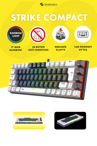 gameagle STRIKE COMPACT %60 Sessiz Red Switch Rainbow Mekanik 69 Tuş Oyuncu K...