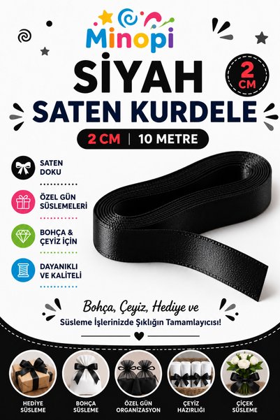 Minopi Panglică din satin negru 2 cm 10 metri, panglică de decorare pentru ca...