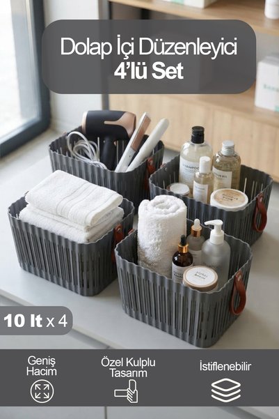 İronika 4-Piece Rectangular Bathroom and Kitchen Organizer with Leather Handl...
