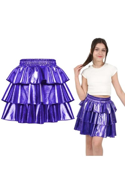 ERDEM KIDS Kız Çocuk Beli Lastikli Metalik Parlak Işıltılı 3 Katlı Fırfırlı E...