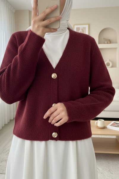 Modamorfo Soft Knit Cardigan with Button-Front Design - Burgundy