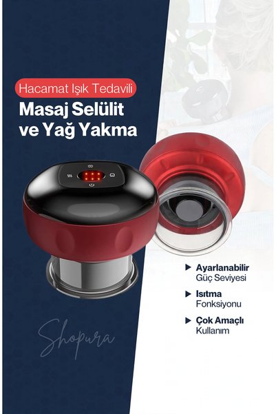 Shopura Şarjlı Kupa Çekme Masaj Aleti - Vakum Akupunktur Hacamat Işık Tedavili Masaj Selülit Ve Yağ Yakma