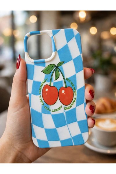 iPhone 15 Uyumlu Mavi Kareli Kiraz Desenli Lansman Telefon Kılıfı – Zarif ve Şık Tasarım