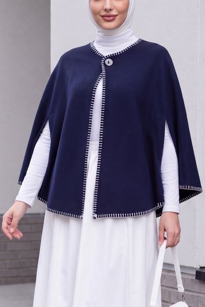 Modamorfo Shepherd-Stitched Pocketed Melton Poncho - Navy Blue