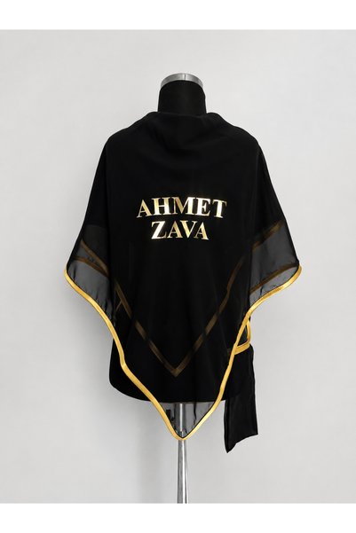 ELYNA İsimli Siyah Damat Örtüsü Zava Omuz Örtüsü Gold Biye Şifon Baskılı Gold Yazılı