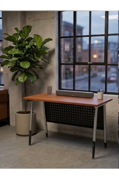 IN HOME STORE طاولة مكتب خشبية عصرية بسطح خشبي وقاعدة معدنية متينة