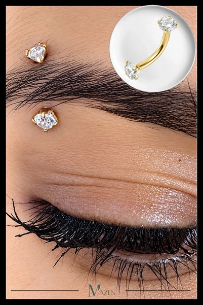 MAZEN Gold Renk Çift Zirkon Taşlı Tırnaklı Kaş Piercingi (Curved Barbell)
