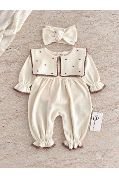 Jammybaby Maita Tulum Kare Mendil Yakalı Kalp Nakışlı Waffle %100 Pamuk Tulum...