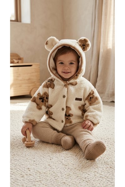 Deniva Kids Unisex Bebek & Çocuk Ayıcık Desenli Kulaklı Peluş Welsoft Hırka D...