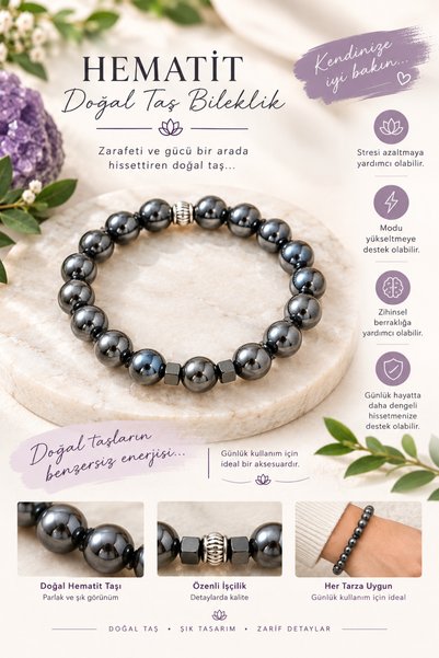 Leyandoğaltaş Leyan Natural Stone 10 mm Hematite Men's Bracelet 18 cm