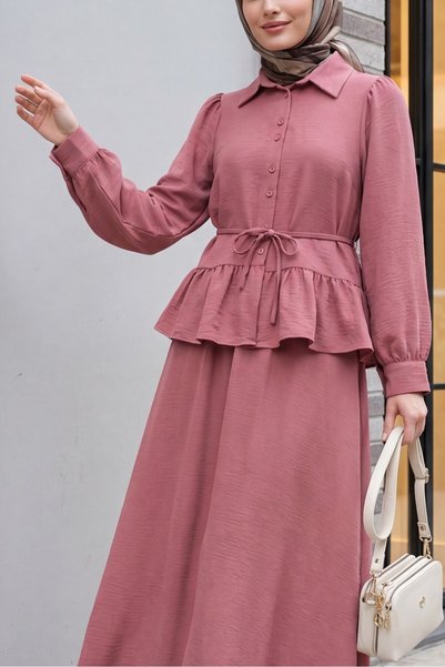 HİJABAYA Bluză cu șnur, guler tip cămașă, mânecă lungă, set cu fustă hijab - ...