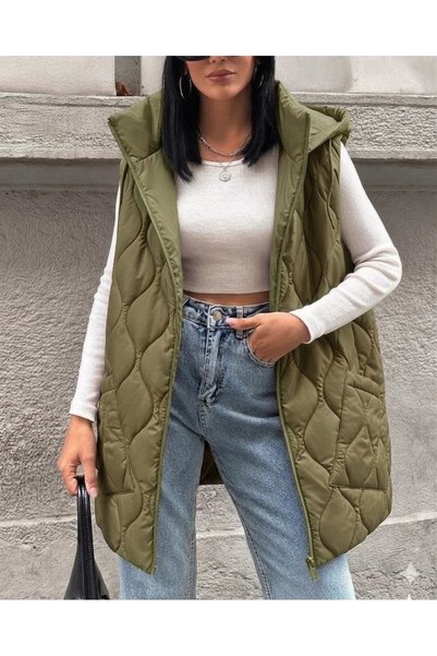 MODA kapşonlu kaiptone uzun yelek