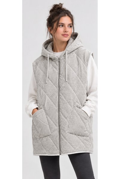 kadın gri fitilli kadife tost kapitone kapüsonlu oversize yelek
