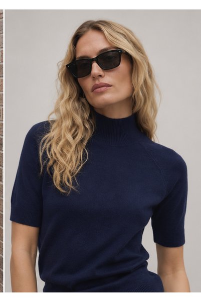 Nostos Algos Navy Blue Special Yarn Basic Thin Summer Knitwear Blouse