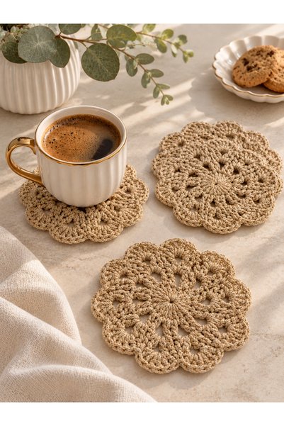 Miliva 6 Coasters |   Knitted Macrame Coaster |   Glitter Round Handmade Coas...