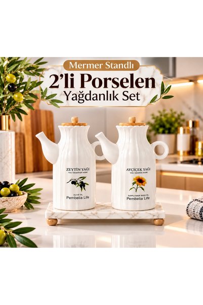 Pembelia Life Mermer Standlı Porselen 1000 ml Yağdanlık Set 3’lü Yağlık Set A...