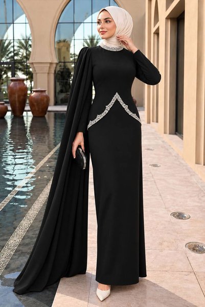 N.S NEVA STYLE Black Hijab Evening Dress with Cape Detail 54341S