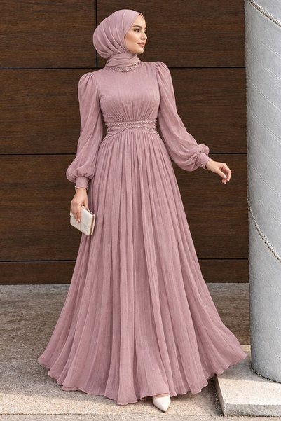 N.S NEVA STYLE Beaded Detail Dusty Rose Hijab Evening Dress 52751Gk