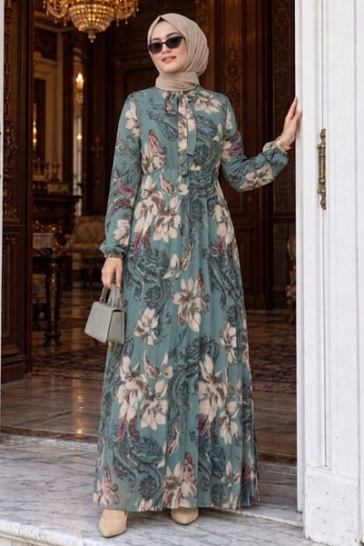 Neva Style Rochie islamică verde cu imprimeu floral 50355CY