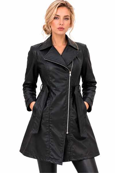 MissPuL Women's Zippered Belted Long Leather - Trench Coat - Coat