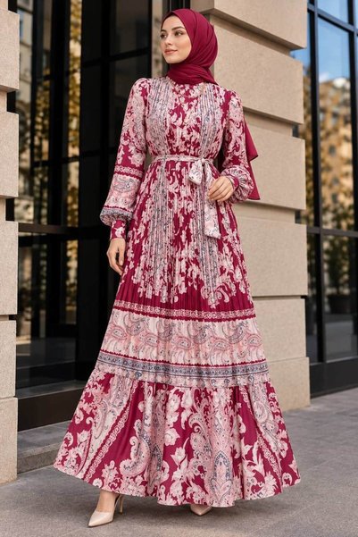 Neva Style Baroque Patterned Cherry Silk Satin Hijab Dress 95706Vsn