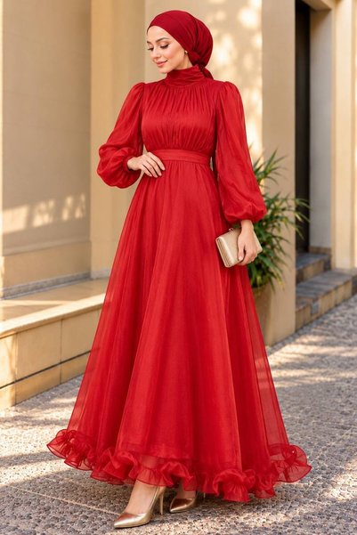 N.S NEVA STYLE Balloon Sleeve Red Hijab Evening Dress 6278K