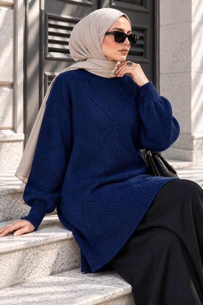 N.S NEVA STYLE Marineblauer Hijab-Strickpullover mit Baklava-Muster 60091L