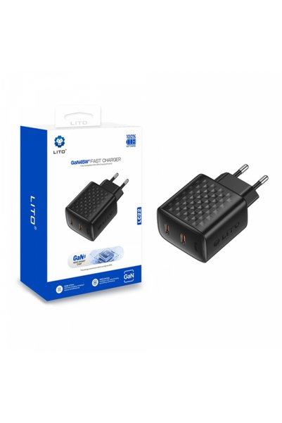 Lito Încărcător de rețea (LC22), 2x Ieșire Type-C, PD45W, GaN, PC ignifug, Pr...