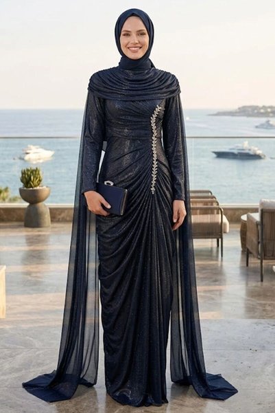 N.S NEVA STYLE Navy Blue Hijab Evening Dress with Cape 56501L