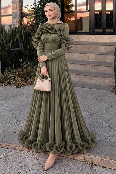 N.S NEVA STYLE فستان سهرة كاكي بتفاصيل كشكشة 56612HK