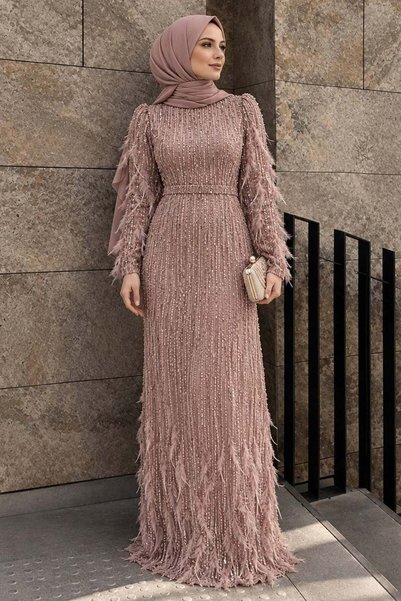 N.S NEVA STYLE Sequin Bead Embroidered Mink Hijab Evening Dress 51001V