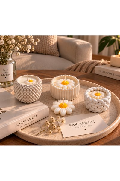 Aqua Marin Kokulu 3^lü Baklava-Düz Örgü Desenli Beton Mum Set - El yapımı