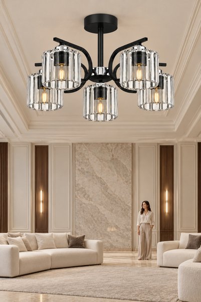 ESSLİGHT Nehir 5’li Siyah Plafonyer Kristal Taşlı Avize Salon Mutfak Yatak Odası