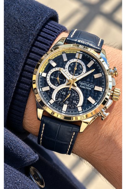 Ferrucci Leather Cord Navy Blue Function Men's Wristwatch Bracelet