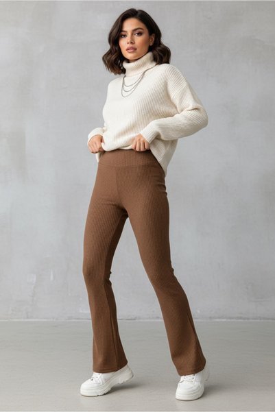 TOFİSA Flared High Waist Report Leggings Taba - 27980-Taba