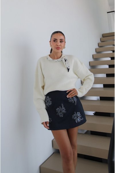 Havoş Ecru Collared Sweater with Scarf Detail