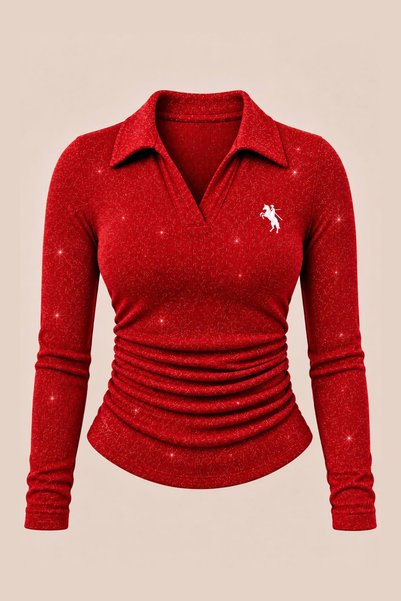 İlayda Toprak Bluză premium cu mâneci lungi, cu guler polo, cu bordură, din m...