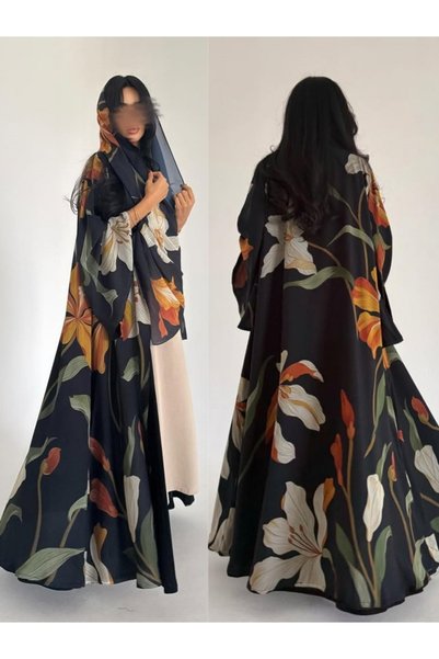 Noon Noora Black Abaya with orange and white flower print, delivering the sam...