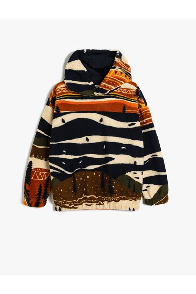 Koton Fleece Hooded Sweatshirt with Patterned Cuffs and Elastic Waist