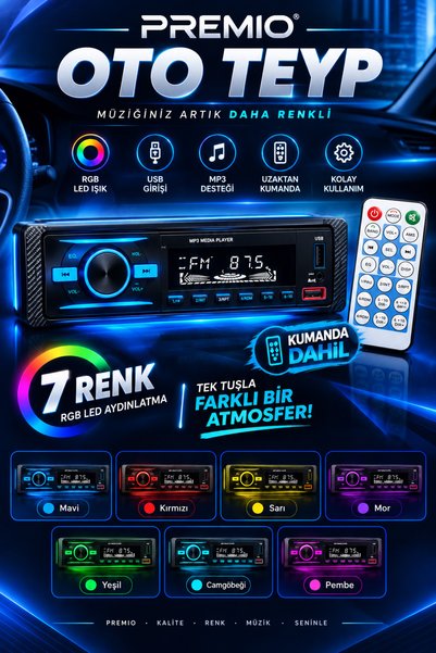 Premio Teyp – Çift Usb, Çift Amfi , Ekstra Bass Ve Bluetoothlu 7 Renk Oto Teyp
